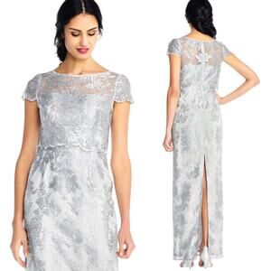 Adrianna Papell Lace Gown Maxi Sheath Dress Illusion Neckline Cap Sleeve Silver